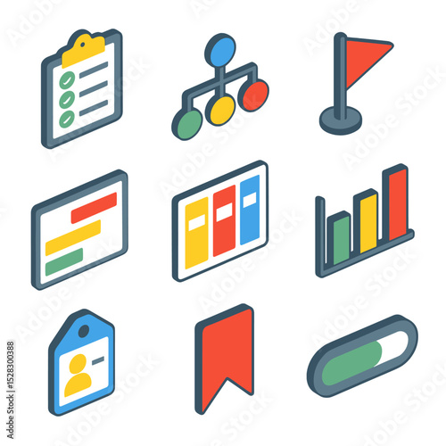 Project Task Icons. Isometric Flat icon set of project task division: task list clipboard, subtask branch diagram, Gantt segment