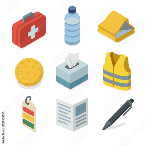 Psychological First Aid Icons. Isometric Flat icon set of Psychological First Aid Essentials: first aid kit, water bottle,