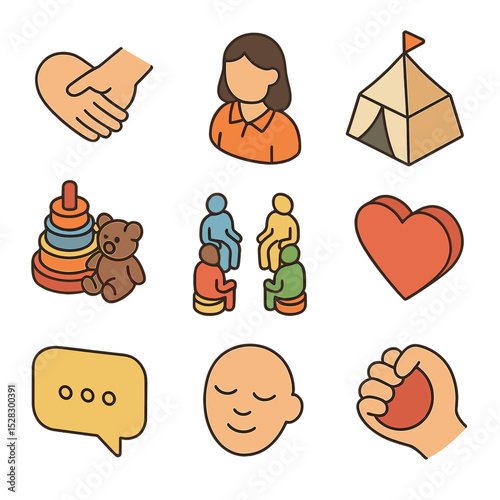 Psychosocial Support Icons. Isometric Flat icon set of Psychosocial support for malnourished children: hugging hands, counselor