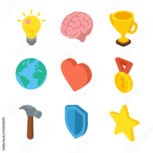 Psychographic Icons Grid. Isometric Flat icon set of Psychographic profiles: innovator lightbulb, thinker brain, achiever trophy,