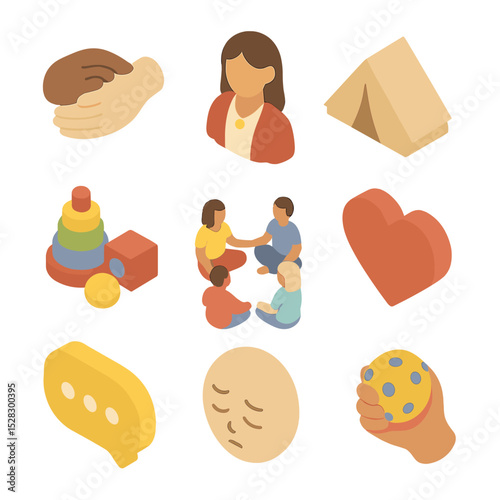 Psychosocial Support Icons. Isometric Flat icon set of Psychosocial support for malnourished children: hugging hands, counselor