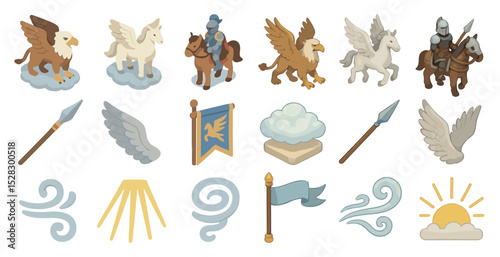 Mythical creatures and medieval knights in a fantasy adventure concept