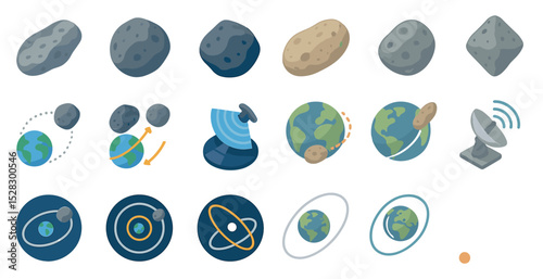 Space exploration icons featuring planets, satellites, and asteroids for educational projects