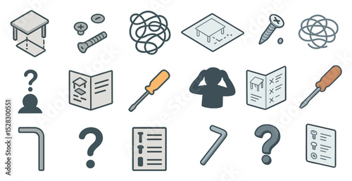Furniture assembly icons featuring tools and instructions for diy projects