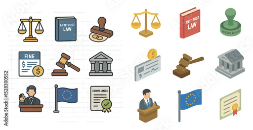 Antitrust law and compliance icons for business and legal materials