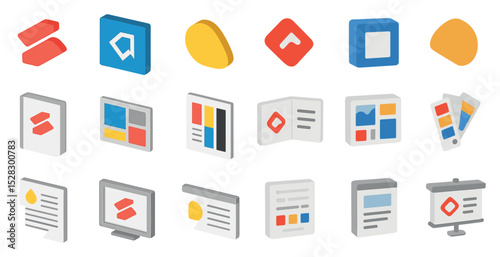 Colorful isometric icons for digital and print media design projects