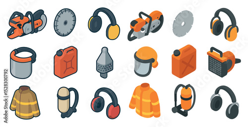 Collection of isometric safety equipment and tools for industrial use