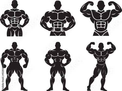 Muscular bodybuilder posing silhouettes, body fitness training collection