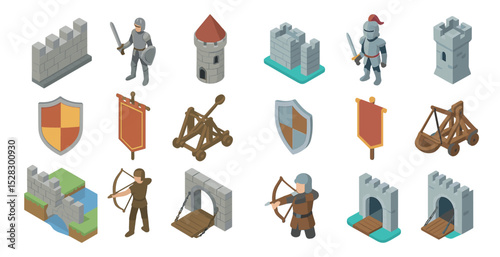Medieval battle elements and castles for game design and strategy concept