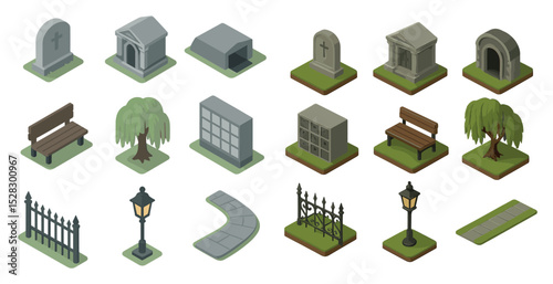Isometric cemetery elements collection for design projects