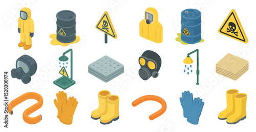Hazard safety equipment and symbols for industrial protection and warning signs