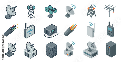 Telecommunications and network equipment icons for tech designs