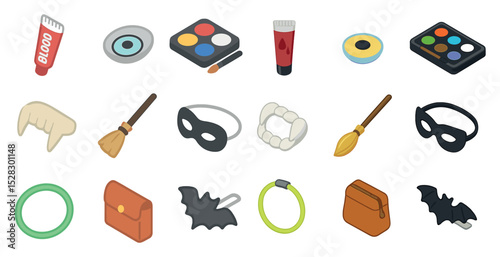 Halloween costume accessories and makeup set for festive celebrations