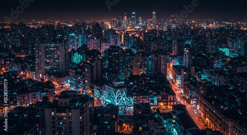 Wallpaper Mural Night Cityscape Panorama - Stunning aerial view of a vibrant city at night, illuminated with colorful lights. Skyscrapers and buildings stretch to the horizon Torontodigital.ca