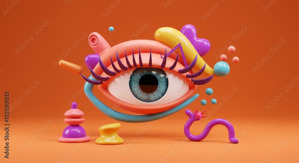 Fototapeta premium Playful Abstract Eye Studio Scene - Colorful 3D of a stylized eye with playful abstract shapes, symbolizing creativity, vision, imagination, perception, and artistry