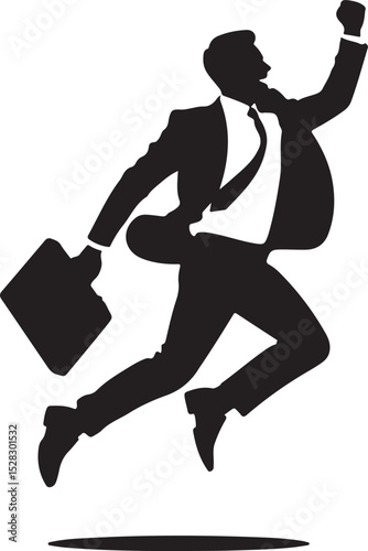 Exuberant businessman jumping with briefcase black and white silhouette art, celebrating success.
