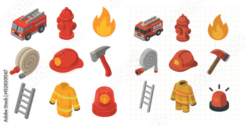 Firefighter equipment icons for emergency preparedness design