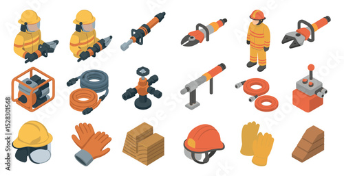 Firefighter equipment and safety gear icons for emergency services design