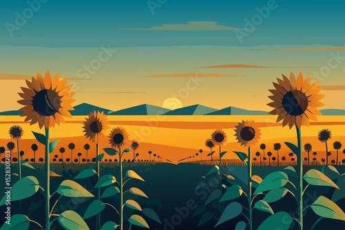 Sunflower field, sunset landscape, vector illustration, yellow flowers