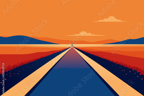 Vibrant highway, desert road, orange sunset, vector landscape