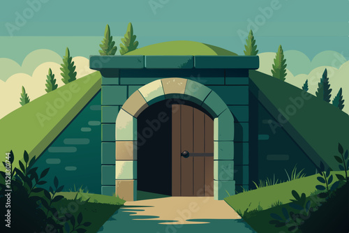 Cartoon bunker entrance, green hillside, brown wooden door, stone structure, outdoor shelter
