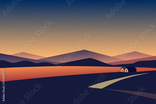 Vector sunset road trip, desert landscape, highway travel, mountain range