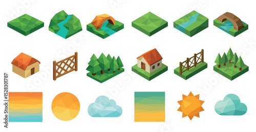 Isometric nature icons for game design or illustration projects