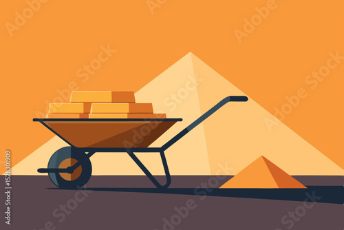 Golden treasure wheelbarrow, pyramids, Egypt, gold bars, vector illustration