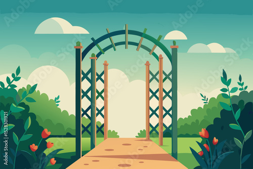 Garden archway, pathway, green trellis, landscape illustration