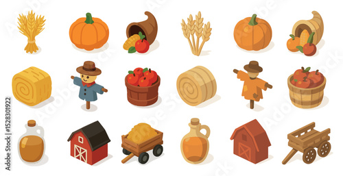 Harvest festival icons: pumpkins, scarecrows, and cornucopias for autumn designs