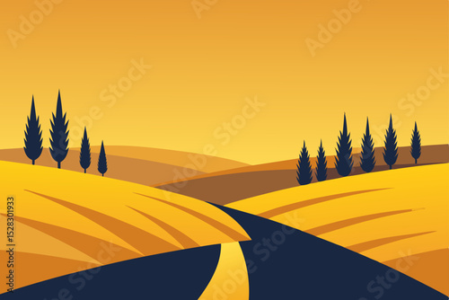 Golden road, countryside landscape, vector illustration, rural scenery, sunset fields