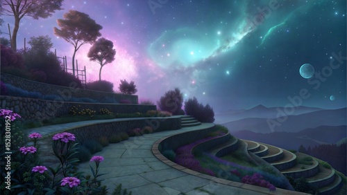 Cosmic Garden - Bioluminescent Plants in Space Nebula