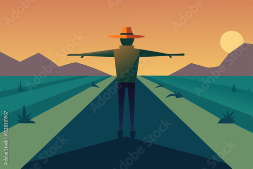 Scarecrow, farm landscape, sunset fields, rural scenery, vector illustration