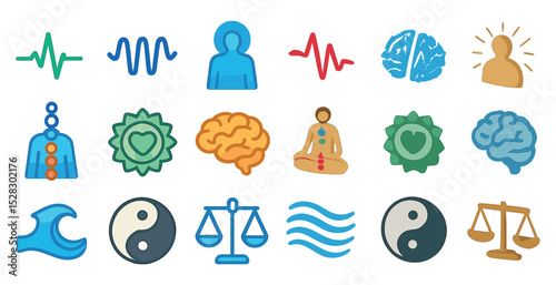 Health and wellness icons: meditation, fitness, mental balance, and harmony symbols