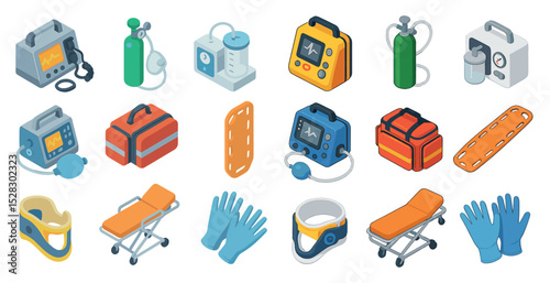 Medical equipment isometric set for emergency preparedness and health care design