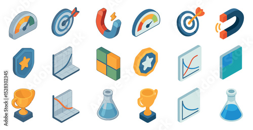 Isometric business icons set for performance and marketing design