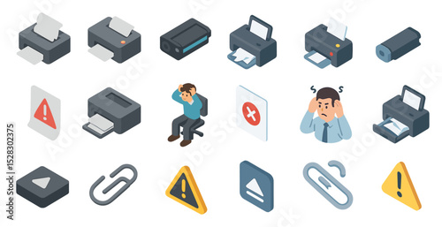 Office printer troubleshooting icons for error and problem-solving concepts