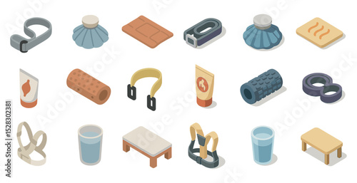 Fitness and wellness equipment isometric icons for health and exercise design