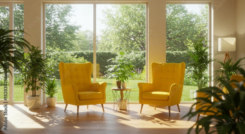 Obraz premium Sunny Room with Yellow Armchairs and Greenery - Two yellow armchairs near large windows overlooking a garden, symbolizing relaxation, comfort, nature, serenity, and sunshine