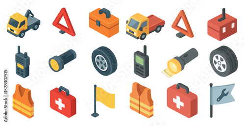 Isometric car safety and emergency kit essentials for automotive preparedness