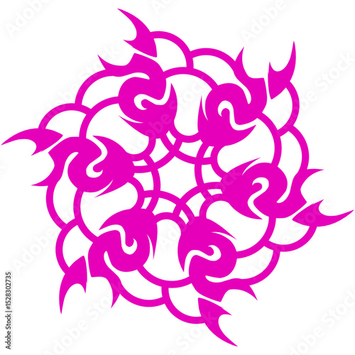 Symmetrical abstract design with magenta interlaced shapes on black backdrop