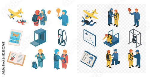 Skydiving adventure icons: parachuting, gear, and instructions for enthusiasts
