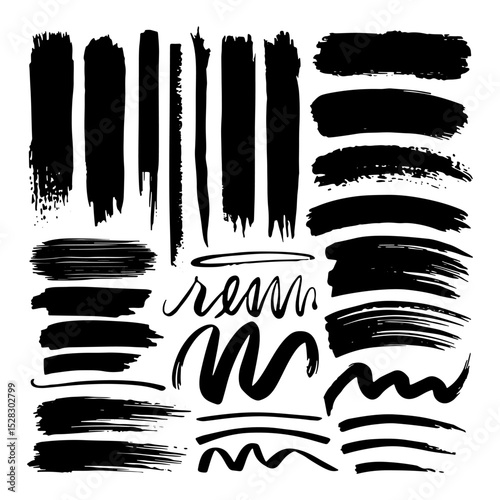 Ink Stroke Set. Hand-drawn set of diverse ink brush strokes featuring artistic lines, dots, curves, and textures for design use.