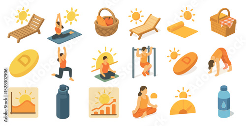 Outdoor fitness and relaxation icons for wellness and health themed designs