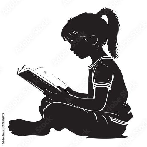 Silhouette of girl child reading book sitting