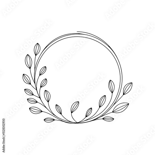 Curved Leaf Frame. Stylized circular frame with upward curving leaves in hand-drawn style, ideal for nature-themed decorative projects.