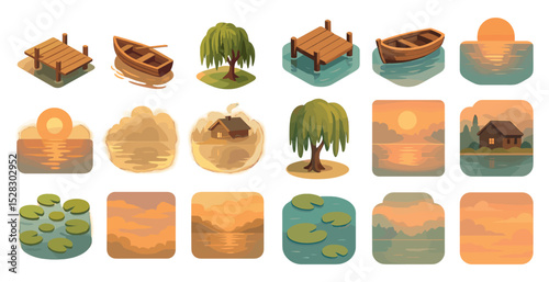 Serene lakeside icons collection with boats and sunset scenes for nature designs
