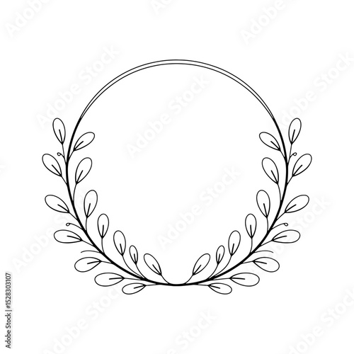 Circle Leaf Frame. Elegant circular frame made of fine hand-drawn leaves, perfect for logos, invitations, and minimalist botanical designs.