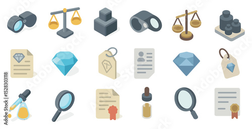 Collection of finance and inspection icons for business and legal documents