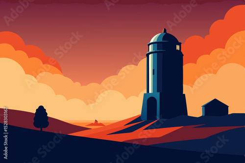 Vector rural landscape, farm silo, sunset fields, countryside scenery, orange sky